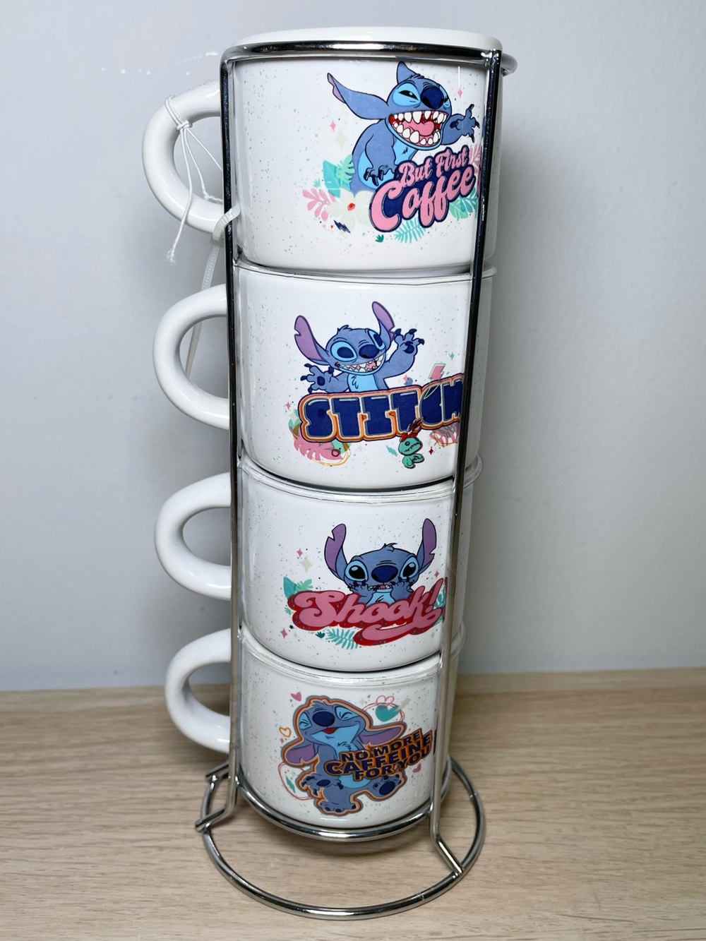 Disney Lilo & Stitch 4-Piece 3oz Stackable Ceramic Espresso Mugs Set with Rack
